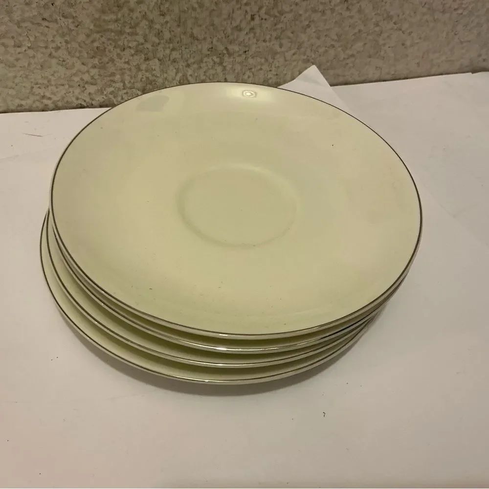 4 Crate & Barrel white silver trim fine bone china saucers 6 in made in Germany